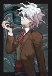  1boy aji_kosugi bangs black_border border brown_jacket buttons commentary cowboy_shot danganronpa_(series) danganronpa_3_(anime) from_side grey_eyes grey_hair hair_between_eyes hand_up highres holding hope&#039;s_peak_academy_school_uniform jacket komaeda_nagito long_sleeves looking_at_viewer looking_to_the_side male_focus medium_hair multicolored multicolored_background open_clothes open_jacket profile red_neckwear school_uniform shirt smile solo upper_body vest white_shirt 