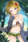  1girl ass_visible_through_thighs bangs bikini blonde_hair blue_jacket blurry blurry_background blush closed_mouth collarbone commentary_request day depth_of_field eyebrows_visible_through_hair flower green_bikini hair_flower hair_ornament hand_up head_tilt highres jacket koizumi_hanayo long_sleeves love_live! mismatched_bikini off_shoulder open_clothes open_jacket outdoors palm_tree purple_eyes red_flower sakasa_(guranyto) sleeves_past_wrists smile solo standing striped striped_bikini swimsuit thick_eyebrows tree white_bikini 