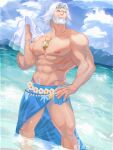  1boy abs alternate_costume bara bare_pecs beach beard body_hair cid_(ff14) cloud cloudy_sky facial_hair feet_out_of_frame final_fantasy final_fantasy_xiv flower hand_on_hip head_tilt highres jewelry looking_up male_focus male_pubic_hair medium_hair muscular muscular_male navel navel_hair necklace nipples old old_man oricalcon pectorals pubic_hair sky smile solo stomach thick_thighs thighs wet white_flower white_hair 
