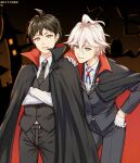  2boys ahoge alternate_costume black_neckwear black_pants black_vest blue_eyes blue_ribbon brown_background brown_eyes cape collared_shirt commentary_request cowboy_shot crossed_arms danganronpa_(series) danganronpa_2:_goodbye_despair dated formal gloves green_eyes grey_eyes grey_hair hand_on_hip hinata_hajime komaeda_nagito leaning_forward long_sleeves looking_at_viewer male_focus meipoi messy_hair multiple_boys necktie pants ribbon shirt smile vampire_costume vest white_gloves white_hair white_shirt 