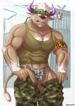  1boy abs animal_ears bara bare_shoulders blush briefs brown_fur bulge camouflage camouflage_headwear camouflage_panties camouflage_pants caught chest_hair covered_abs cow_ears cow_horns cowboy_shot furry green_male_underwear green_tank_top headband highres horns looking_at_viewer male_focus male_underwear midriff_peek minotaur muscular muscular_male open_pants orea-doi panties pants pants_removed pectorals purple_eyes purple_horns shennong_(tokyo_houkago_summoners) short_hair solo tank_top thick_thighs thighs tokyo_houkago_summoners underwear undressing white_hair 