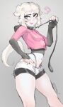  &lt;3 ? animal_humanoid blonde_hair bottomwear bulge canid canid_humanoid canine canine_humanoid charly_(nelewdy) clothed clothing collar crop_top dog_humanoid fingerless_gloves fully_clothed girly gloves grey_background hair handwear hi_res holding_leash holding_object hotpants humanoid leash male mammal mammal_humanoid navel nelewdy offering_leash pink_clothing pink_shirt pink_topwear shirt shorts simple_background solo thong topwear underwear 