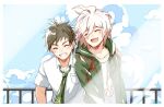  2boys :d ahoge blush border breast_pocket brown_hair closed_eyes cloud cloudy_sky collarbone collared_shirt commentary_request danganronpa_(series) danganronpa_2:_goodbye_despair green_jacket green_neckwear grin hair_between_eyes hands_on_another&#039;s_shoulder hinata_hajime hood hood_down hooded_jacket jacket komaeda_nagito male_focus meipoi multiple_boys necktie open_clothes open_jacket open_mouth pocket print_shirt railing shiny shiny_hair shirt sky smile upper_body white_border white_hair white_shirt 