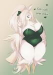  &lt;3 2021 amber_eyes anthro avian beak bird blonde_hair breasts bunnywhiskerz clothing dialogue feathered_wings feathers female hair hi_res leotard long_hair looking_at_viewer non-mammal_breasts slightly_chubby smile solo white_body wings 