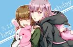  1girl :d :o animal_ears backpack bag blue_background blush brown_hair cat_bag closed_eyes commentary_request danganronpa:_trigger_happy_havoc danganronpa_(series) danganronpa_2:_goodbye_despair doll_hug fake_animal_ears fujisaki_chihiro hair_ornament hairclip happy happy_birthday hood hood_down hooded_jacket hoodie hug jacket looking_at_viewer medium_hair meipoi monomi_(danganronpa) nanami_chiaki open_mouth pink_bag pink_eyes pink_hair shirt short_hair smile stuffed_animal stuffed_bunny stuffed_toy upper_teeth 