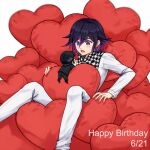  1boy bangs black_footwear black_hair black_headwear black_jacket black_pants blush checkered checkered_scarf chibi commentary_request danganronpa_(series) danganronpa_v3:_killing_harmony eyebrows_visible_through_hair feet_out_of_frame grey_background hair_between_eyes happy_birthday heart heart_pillow jacket long_sleeves looking_at_another male_focus meipoi open_mouth ouma_kokichi pants pillow purple_eyes saihara_shuuichi scarf sitting solo too_many white_jacket white_pants 