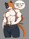 2021 abs absurd_res anthro aronhilistix belt big_bulge bottomwear bulge clothed clothing dated denim denim_clothing dialogue domestic_cat english_text epic_games erection erection_under_clothing felid feline felis flexing fortnite fur grey_background gun hi_res holster jeans looking_at_viewer male mammal meowscles_(fortnite) multicolored_body multicolored_fur muscular muscular_anthro muscular_male navel pants pecs ranged_weapon sheathed_weapon signature simple_background solo standing suspenders talking_to_viewer text topless topless_male video_games weapon 