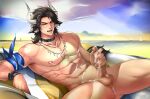  1boy abs animal_ears anus arknights arm_behind_head armpit_peek beach brown_eyes brown_hair censored cow_boy cow_ears cow_horns cum cum_on_boy day earrings highres horns jewelry male_focus male_lactation male_masturbation masturbation matterhorn_(arknights) matterhorn_(beach_guard)_(arknights) medium_hair mosaic_censoring muscular muscular_male navel nipples outdoors pectorals penis pmoazi seductive_smile smile solo spread_legs thighs tooth_necklace 