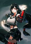  1girl arm_guards black_hair black_skirt commentary_request earrings elbow_pads final_fantasy final_fantasy_vii final_fantasy_vii_remake fingerless_gloves gloves highres jewelry jun_(seojh1029) long_hair looking_at_viewer low-tied_long_hair red_eyes shirt skirt sleeveless solo suspender_skirt suspenders suspenders_gap tank_top taut_clothes taut_shirt thighhighs tifa_lockhart white_tank_top 