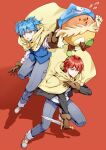  2boys akabane_karma ansatsu_kyoushitsu bangs blue_eyes blue_hair blue_headwear blue_vest boots brown_gloves commentary_request denim fighting_stance flying_sweatdrops gloves hat jeans knee_up koro-sensei_quest looking_at_viewer male_focus meipoi multiple_boys official_alternate_costume open_mouth pants red_background red_hair scarf shiota_nagisa shoes short_hair simple_background smile sword vest weapon 