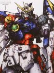  copyright_name damaged green_eyes gundam gundam_wing looking_at_viewer mecha official_art science_fiction solo teraoka_iwao thrusters v-fin white_background wing_gundam_zero 