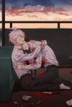  2boys belt black_belt black_hair black_neckwear black_pants blood blood_on_face bloody_clothes broken_glass brown_hair clenched_teeth cloud collared_shirt commentary_request couch danganronpa_(series) danganronpa_2:_goodbye_despair glass grey_hair head_on_another&#039;s_shoulder hinata_hajime hug indoors injury kneeling knife komaeda_nagito long_sleeves male_focus meipoi messy_hair multiple_boys necktie no_shoes on_ground pants sample shirt shirt_grab shirt_tucked_in short_hair sitting teeth white_shirt wooden_floor yaoi 