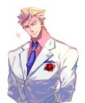  1boy absurdres alternate_costume blonde_hair collared_shirt flower formal hair_strand highres kray_foresight looking_at_another male_focus muscular muscular_male necktie one_eye_closed orange_eyes pectorals pink_shirt promare purple_neckwear red_flower shirt smile solo sparkle suit tabno_(tanbotalo) upper_body white_background white_suit 