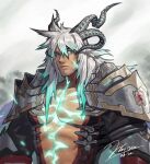  1boy abs abs_cutout alternate_facial_hair armor bara bare_pecs beard cleavage_cutout clothing_cutout dragon_boy dragon_horns facial_hair fate/apocrypha fate/grand_order fate_(series) glowing green_eyes horns jin_(sirius-j) long_hair looking_at_viewer male_focus muscular muscular_male pauldrons pectorals shoulder_armor sieg_(fate/apocrypha) silver_hair solo stomach upper_body 