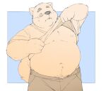  2021 anthro belly bodily_fluids bottomwear canid canine canis clothing domestic_dog humanoid_hands inunoshippo kemono male mammal moobs nipples overweight overweight_anthro overweight_male pants shirt solo sweat topwear 
