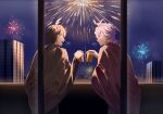  2boys aerial_fireworks ahoge alternate_costume alternate_hairstyle can closed_eyes commentary_request cup danganronpa_(series) danganronpa_2:_goodbye_despair facing_another fireworks from_behind grey_hair hand_up hinata_hajime holding holding_can japanese_clothes kimono komaeda_nagito looking_at_another male_focus medium_hair meipoi multiple_boys night night_sky open_mouth outdoors profile short_hair short_ponytail sky smile star_(sky) starry_sky upper_body 