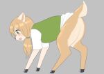  2020 black_nose blonde_hair blush bodily_fluids butt cervid clothing female green_eyes grey_background hair hooves mammal open_mouth ponytail roina simple_background solo sweat sweatdrop transformation 