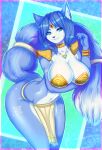  anthro big_breasts blue_body blue_ears blue_eyes blue_fur blue_hair blue_tail bottomwear breasts canid canine clothed clothing collarbone countershading digital_media_(artwork) female fox fur hair hi_res krystal leonifa loincloth looking_at_viewer mammal markings mostly_nude nintendo simple_background smile solo star_fox video_games white_body white_countershading white_fur zetsuboucchi 