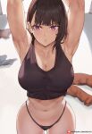  1girl armpits arms_up black_panties black_shirt breasts brown_hair cleavage en&#039;en_no_shouboutai highres large_breasts long_hair looking_at_viewer maki_oze midriff panties parted_lips pink_eyes shexyo shirt skindentation solo thighs toned underwear wide_hips 