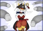  anthro big_breasts blue_background breasts cape cinderace cleavage clothed clothing dialogue disembodied_penis female genitals grey_penis hi_res humanoid_genitalia humanoid_penis male melee_weapon mklancer00 multicolored_body nintendo penis pirate pirate_hat pok&eacute;mon pok&eacute;mon_(species) red_body simple_background solo solo_focus speech_bubble sword thick_thighs video_games weapon white_body wide_eyed yellow_body 