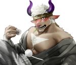  1boy 2021 alternate_costume animal_ears bara bare_pecs black_kimono brown_fur camouflage camouflage_headwear chest_hair chinese_zodiac close-up cow_ears cow_horns drunk face furry hakama_pants happy_new_year head_tilt headband highres horns japanese_clothes kimono male_focus midriff_peek minotaur mint muscular muscular_male new_year nipples off_shoulder one_eye_closed open_clothes open_kimono pectorals purple_eyes purple_horns shennong_(tokyo_houkago_summoners) short_hair sitting solo tokuninai_hito tokyo_houkago_summoners white_hair year_of_the_ox 
