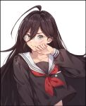  1girl ahoge bangs bespectacled black_border black_eyes black_hair black_serafuku black_shirt blush border braid closed_mouth collarbone commentary_request danganronpa:_trigger_happy_havoc danganronpa_(series) fukawa_touko glasses hair_between_eyes hand_up long_hair long_sleeves looking_at_viewer meipoi neckerchief round_eyewear school_uniform serafuku shirt simple_background solo upper_body white_background 