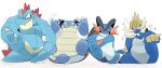  2021 anthro belly blastoise blue_body blush feraligatr flexible group hi_res hyaku_(artist) kemono meme nintendo one_leg_up overweight pok&eacute;mon pok&eacute;mon_(species) raised_leg samurott simple_background sitting splits spread_legs spreading standing swampert vertical_splits video_games white_background 