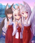  3girls :d absurdres animal_ear_fluff animal_ears arm_up bangs black_hair blush borrowed_character breasts brown_footwear commentary_request eyebrows_visible_through_hair flower folded_ponytail fox_ears fox_girl fox_shadow_puppet fox_tail girl_sandwich hair_between_eyes hair_flower hair_ornament hakama hand_on_another&#039;s_shoulder highres iroha_(iroha_matsurika) japanese_clothes kimono long_hair long_sleeves low_ponytail miko multiple_girls open_mouth original ponytail purple_eyes purple_flower red_eyes red_hakama sandwiched self_shot silver_hair small_breasts smile socks standing standing_on_one_leg tabi tail very_long_hair white_kimono white_legwear wide_sleeves zouri 