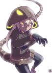  1girl artist_logo blonde_hair dark_skin dark_skinned_female detached_hood eyebrows_visible_through_hair eyes_visible_through_hair fighting_stance fisheye gloves glowing glowing_eyes hair_between_eyes hand_up hood hood_up jacket kemono_friends king_cobra_(kemono_friends) kishida_shiki long_hair long_sleeves looking_at_viewer miniskirt necktie pants pants_under_skirt shoes sidelocks simple_background skirt snake_tail solo standing tail tongue tongue_out v-shaped_eyebrows white_background yellow_eyes 