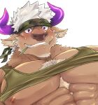  1boy abs animal_ears bara bare_pecs blush brown_fur camouflage camouflage_headwear chest_hair close-up cow_ears cow_horns furry green_tank_top gumiten headband highres horns male_focus minotaur mint muscular muscular_male nipples pectoral_focus pectorals purple_eyes purple_horns shennong_(tokyo_houkago_summoners) shirt_lift short_hair smile solo tank_top tokyo_houkago_summoners white_background white_hair 