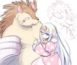  2017 absurd_res anthro belly brown_body brown_fur duo eulipotyphlan fur ginnosuke hedgehog hi_res human kemono majiro_the_hedgehog male mammal one_eye_closed overweight overweight_male princess_syalis simple_background sleepy_princess_in_the_demon_castle white_background wink 
