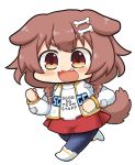  1girl :3 :d animal_ears bangs blush bone_hair_ornament braid brown_eyes brown_hair chibi clenched_hands clothes_writing commentary_request cosplay cosplay_request dog_ears dog_girl dog_tail english_text eyebrows_visible_through_hair fang full_body hair_ornament hololive inugami_korone jacket long_hair long_sleeves looking_at_viewer matarou_(matarou072) open_mouth pantyhose segagaga shirt skirt smile solo t-shirt tail transparent_background twin_braids virtual_youtuber white_jacket white_shirt 