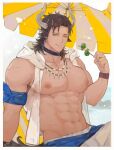  1boy abs animal_ears arknights artist_name bandana bare_pecs broccoli brown_eyes brown_hair bulge clothes_around_waist cow_boy cow_ears cow_horns cowboy_shot earrings highres hood hooded_jacket hoodie horns jacket jewelry ketanbakar looking_at_viewer male_focus male_swimwear matterhorn_(arknights) matterhorn_(beach_guard)_(arknights) medium_hair muscular muscular_male navel nipples pectorals shirt shirt_around_waist sleeveless sleeveless_hoodie smile solo stomach swim_trunks swimwear umbrella white_jacket 