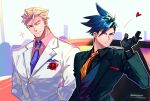  2boys absurdres black_gloves black_vest blonde_hair blown_kiss blue_eyes blue_hair buttons collared_jacket collared_shirt flower formal galo_thymos gloves green_suit hair_strand highres kray_foresight male_focus multiple_boys muscular muscular_male necktie one_eye_closed orange_eyes pectorals pink_shirt promare purple_neckwear red_flower shirt short_hair smile spiked_hair suit tabno_(tanbotalo) upper_body vest white_suit yellow_neckwear 