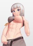  1girl abs bangs belt black_belt blue_eyes blunt_bangs breasts brown_pants closed_mouth commentary_request dumbbell_nan_kilo_moteru? eyebrows_visible_through_hair gina_boyd grey_background highres lifted_by_self looking_at_viewer medium_breasts navel nipples pants putcher short_hair silver_hair simple_background smile solo stomach 