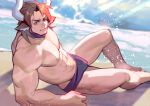  1boy abs alternate_costume animal_ears arknights bara bare_pecs beach brown_eyes brown_hair bulge cow_boy cow_ears cow_horns earrings foot_out_of_frame highres horns jewelry kevin_siji looking_at_viewer male_focus male_swimwear matterhorn_(arknights) medium_hair muscular muscular_male nipples pectorals sand sitting smile solo stomach swim_briefs swimwear thick_thighs thighs veins water 