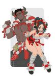  1boy 1girl abs animal_ears animal_print bandages bangs bare_pecs biceps breasts chinese_zodiac cleavage clenched_hands cow_boy cow_ears cow_girl cow_horns cow_print dark_skin dark_skinned_male facial_hair full_body hakama_skirt happy_new_year highres horns leaning_forward medium_breasts muni_(fdrk) muscular muscular_male navel new_year nipples original parted_bangs pectorals short_hair smile stomach stubble thighs year_of_the_ox 