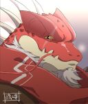  2021 anthro aruji_yume beard biped clothed clothing facial_hair iguanid itzamna kemono lizard male portrait red_body reptile scalie scarf solo tokyo_afterschool_summoners video_games 
