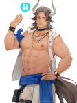  1boy abs absurdres animal_ears arknights bandana bare_pecs brown_eyes brown_hair clothes_around_waist cow_boy cow_ears cow_horns cowboy_shot earrings highres hood hoodie horns jewelry ketanbakar male_focus male_swimwear matterhorn_(arknights) matterhorn_(beach_guard)_(arknights) medium_hair muscular muscular_male navel nipples pectorals shirt shirt_around_waist sleeveless sleeveless_hoodie solo stomach swim_trunks swimwear tooth_necklace white_hoodie 