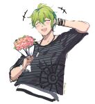  1boy :d amami_rantarou arm_up bangs blush bouquet bracelet closed_eyes commentary_request cropped_torso danganronpa_(series) danganronpa_v3:_killing_harmony flower green_hair grey_background holding holding_bouquet holding_flower horizontal_stripes jewelry male_focus meipoi motion_lines open_mouth ring shirt short_hair short_sleeves simple_background sketch smile solo striped striped_shirt twitter_username upper_body upper_teeth white_background 