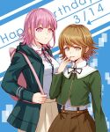  1boy 1girl backpack bag bangs black_ribbon black_shirt blue_background breasts brown_eyes brown_hair cat_bag collared_shirt danganronpa:_trigger_happy_havoc danganronpa_(series) danganronpa_2:_goodbye_despair dated flipped_hair frown fujisaki_chihiro green_jacket green_shirt happy_birthday hood jacket long_sleeves medium_breasts meipoi nanami_chiaki open_clothes open_jacket otoko_no_ko pink_bag pink_eyes pink_hair pink_ribbon pleated_skirt ribbon school_uniform shirt shirt_tucked_in short_hair skirt smile symbol_commentary white_shirt 