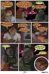  age_difference anthro bar boomer_(nanoff) burger canid canine canis comic date dialogue duo ears_back english_text felid food hand_holding hi_res male male/male mammal miles_(nanoff) musclegut muscular muscular_male nanoff older_male pantherine pivoted_ears profanity sitting text tiger wolf younger_male 