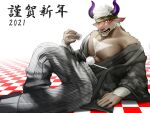  1boy 2021 absurdres alternate_costume animal_ears bara bare_pecs black_kimono brown_fur camouflage camouflage_headwear chest_hair chinese_zodiac cow_ears cow_horns drunk foot_out_of_frame furry hakama_pants happy_new_year head_tilt headband highres horns japanese_clothes kimono male_focus midriff_peek minotaur mint muscular muscular_male new_year nipples off_shoulder one_eye_closed open_clothes open_kimono pectorals purple_eyes purple_horns shennong_(tokyo_houkago_summoners) short_hair sitting solo tokuninai_hito tokyo_houkago_summoners white_hair year_of_the_ox 