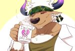  1boy animal_ears bara brown_fur camouflage camouflage_headwear chest_hair close-up coffee_mug cow_ears cow_horns cup english_text furry green_tank_top headband horns labcoat madara_moyou male_focus minotaur mug muscular muscular_male purple_eyes purple_horns shennong_(tokyo_houkago_summoners) short_hair solo tank_top textless tokyo_houkago_summoners upper_body white_hair 