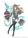 1girl absurdres aqua_eyes aqua_hair birdcage broken_computer brown_hair cage cake colored_inner_hair computer energy_spear eyebrows_visible_through_hair food full_body gretel_(sinoalice) highres ji_no laptop long_hair looking_at_viewer mask messy_hair mismatched_legwear mouth_mask multicolored_hair official_art reality_arc_(sinoalice) shirt sinoalice sleeves_past_wrists solo square_enix thighhighs torn_clothes torn_shirt two-tone_hair white_background 