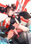  1girl artist_name azur_lane bare_shoulders breasts brown_hair detached_sleeves double_bun eyebrows_visible_through_hair finger_to_mouth gloves half_gloves highres iron_blood_(emblem) large_breasts mechanical_animal medium_hair multicolored_hair ntk_nartaku older red_eyes red_gloves red_hair streaked_hair tongue tongue_out two-tone_hair u-37_(azur_lane) water 