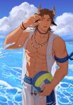  1boy abs absurdres animal_ears arknights bandana bare_pecs beach brown_eyes brown_hair bulge clothes_around_waist cow_boy cow_ears cow_horns earrings highres hood hooded_jacket hoodie horns jacket jewelry ketanbakar male_focus male_swimwear matterhorn_(arknights) matterhorn_(beach_guard)_(arknights) medium_hair muscular muscular_male navel nipples pectorals shirt shirt_around_waist shorts sleeveless sleeveless_hoodie sleeveless_jacket solo stomach swim_trunks swimwear water water_drop wet wet_clothes wet_shirt wet_shorts white_jacket 