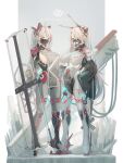  2girls admiral_hipper_(azur_lane) azur_lane bodysuit breasts character_name cleavage commentary_request cross cross_earrings earrings eyes_visible_through_hair glowing headgear high_heels highres iron_cross jewelry large_breasts long_hair mask mecha_musume mechanical_ears mole mole_on_breast mouth_mask multiple_girls one_eye_closed orange_eyes prinz_eugen_(azur_lane) prinz_heinrich_(azur_lane) red_eyes shield sideboob silver_hair tube twintails underboob yusha_(m-gata) 