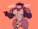  2019 abs anthro balls big_balls big_muscles big_penis bodily_fluids canid canine canis clothed clothing cowboy cowboy_hat emanata english_text flaccid genitals gloved gun handgun hat headgear headwear ineffective_clothing looking_at_viewer male mammal mask multicolored_body muscular muscular_anthro muscular_male navel neckerchief nipples open_clothing open_topwear open_vest pecs penis quads ranged_weapon revolver shoegaze. simple_background smile solo standing sweat tan_background text thong topwear two_tone_body underwear vest weapon wolf 