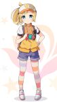  1girl backpack bag bangs blonde_hair blue_eyes blue_shorts blush closed_mouth eyebrows_visible_through_hair female_protagonist_(new_pokemon_snap) full_body hand_on_hip highres holding jacket legwear_under_shorts nekono_rin new_pokemon_snap orange_jacket pantyhose photodex ponytail puffy_short_sleeves puffy_sleeves shoes short_shorts short_sleeves shorts smile solo standing striped striped_legwear visor_cap white_footwear white_headwear wristband 